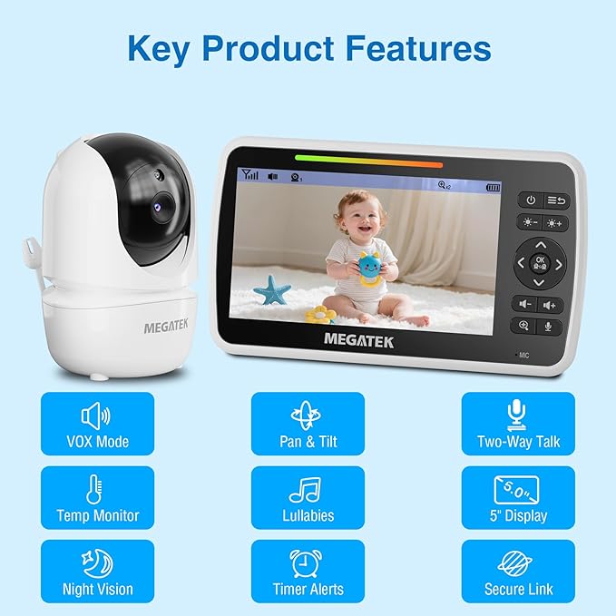 MEGATEK 5" Screen Video Baby Monitor with Audio and Pan-Tilt Camera, Night Vision, Temperature Alert & Two-WayTalk,ECO Mode, Brightness/Volume Control