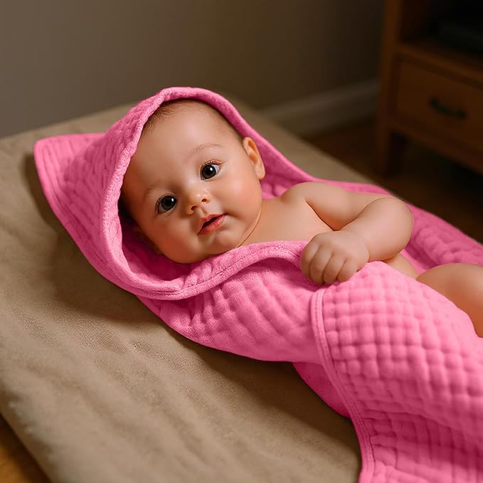 VitalCozy 8 Pcs Baby Muslin Hooded Bath Towels and Washcloths Muslin Cotton Hooded Baby Towels Absorbent Blankets for Gift Newborn Infant Shower (32 x 32 Inch,Bright Colors)