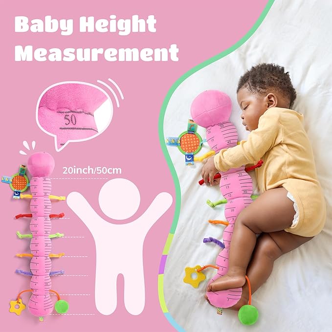 AWOTOY Baby Toys 6-12 Months Music Caterpillar Infant Toys Stuffed Animals 0-3-6 Months Teething Tummy Time Sensory Toys with Mirror Rattle&Pull String for Boys Girls Birthday Gifts|Pink,Knot Limb