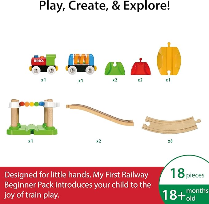 BRIO My First Railway Beginner Pack - 18-Piece FSC-Certified Wood Train Set - Compatible with All BRIO Sets - Includes Rainbow Bridge & Rattle Wagon - Safe Play - Toddlers Ages 18 Months & Older