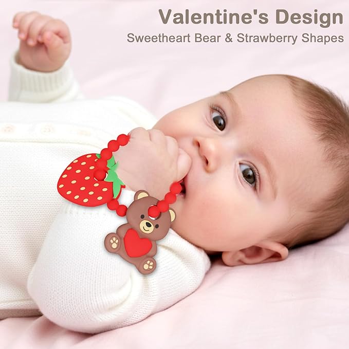 Valentine’s Baby Teething Toys, Teddy Bear & Strawberry Silicone Teether for 3–12 Months, Textured Sensory Chewing Ring for Infants & Toddlers, Baby’s First Valentine’s Day Gift for Boys and Girls