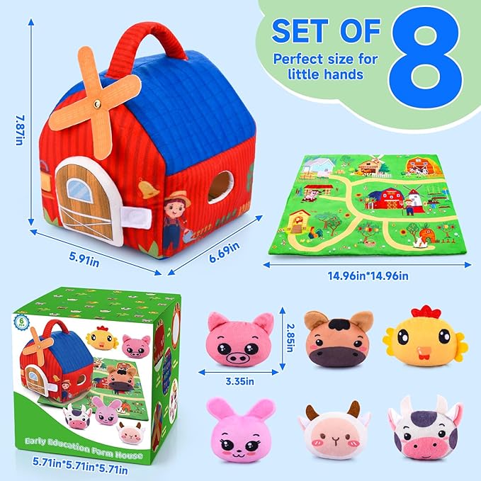Baby Toys 6-12 Months - Soft Barn with Stuffed Farm Animals, Rattles, Textures, Mirror, Play mat - Toddler Toys Sensory Toy Montessori Toy for Babies 6-12 Months, 1 Year Old Boys Girls Baby Gifts