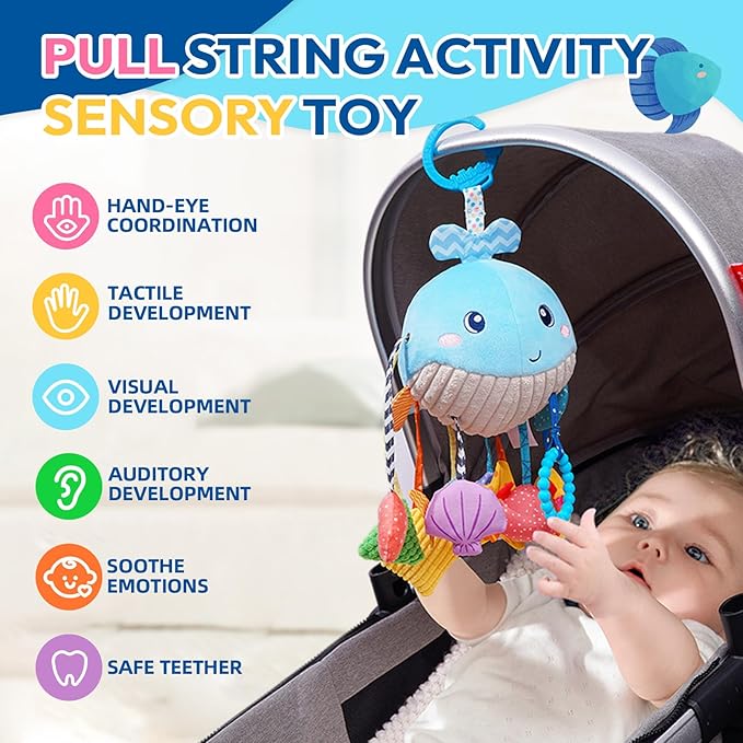 Jollybaby Activity Pull String Hanging Toy for Baby Stroller Car Seat Crib Play Gym, Plush Stuffed Ocean Whale Toy for Carseat with Teether Rattles, Montessori Sensory Toy for Baby Gift