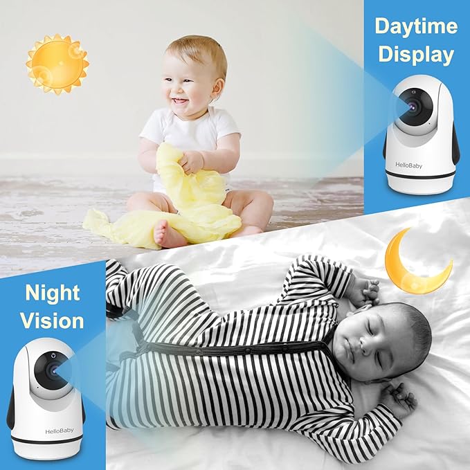 HelloBaby Video Baby Monitor with 2 Cameras and 5 Inch Split Screen Display, Remote Control Cameras with Night Vision and Temprature Monitoring