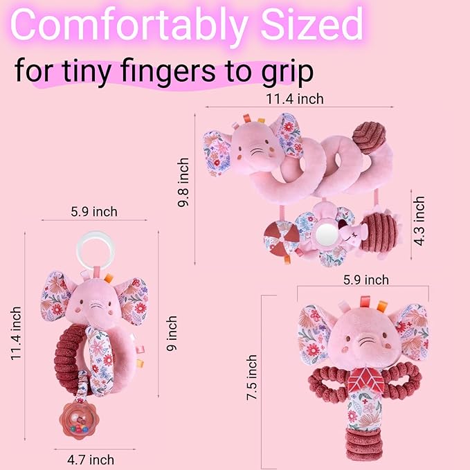 Infant Toys 0-6-12 Months Spiral Car Seat Toy, Baby Stroller Hanging Rattle Stuffed Animal Babies 0-2-3-4-5-7 Month Old Newborn Girl Valentines Gifts Easter Mirror Crinkle Pink Elephant 3PCS