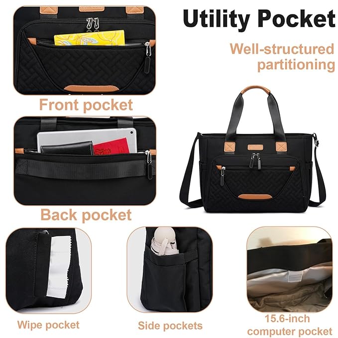 Diaper Tote Bag, 4 in 1 Tote Diaper Bag with 16" Laptop Compartment, Baby Bag with 3 Insulated Pocket for Mam and Dad, Ideal for Travel, Work (Black) | Gift for New Moms, Machine Washable