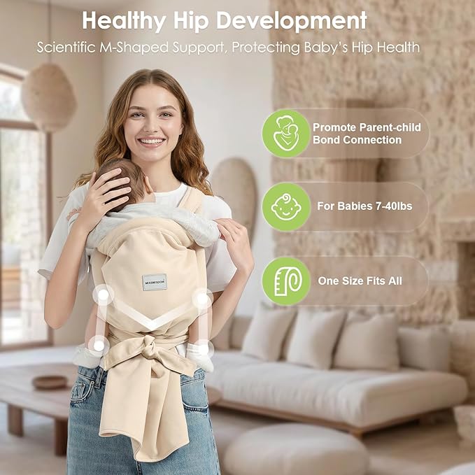 Baby Carrier, Baby Wearing Carrier, Hands Free Toddler Wearing, Adjustable Baby Wraps Carrier Newborn to Toddler(7-40lbs), One Size Fits All, Kangaroo Infant Carriers, Beige