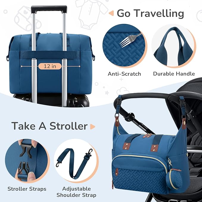 Diaper Bag Tote with Pacifier Case, Baby Bag for Women with Shoulder Straps, Travel Diaper Tote for for Mom and Dad Blue