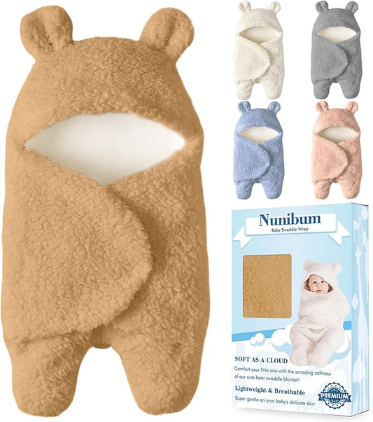 Nunibum Baby Swaddle Blanket Boys Girls Cute Bear Plush Essential Receiving Blanket Ultra-Soft Newborn Registry Sleeping Wraps for Infant 0-6 Months - Brown
