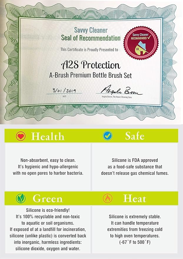 A-Brush Silicone Bottle Cleaner Brush, 3 Piece Set, Long Handle - Water Bottle Cleaner, Baby Bottle Nipple Brush for Plastic & Glass, BPA-Free Dish Washing Brush A2S Protection