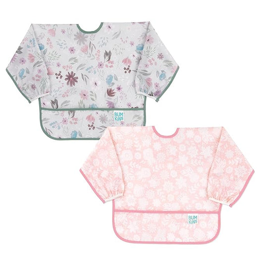 Bumkins - Sleeved Bib - For Boys & Girls, Babies & Toddlers 6-24 Months - Lightweight, Durable, Waterproof - Long Sleeve Bib - Catch-All Pocket - Wipeable & Machine Washable - Floral & Lace - 2 Pack