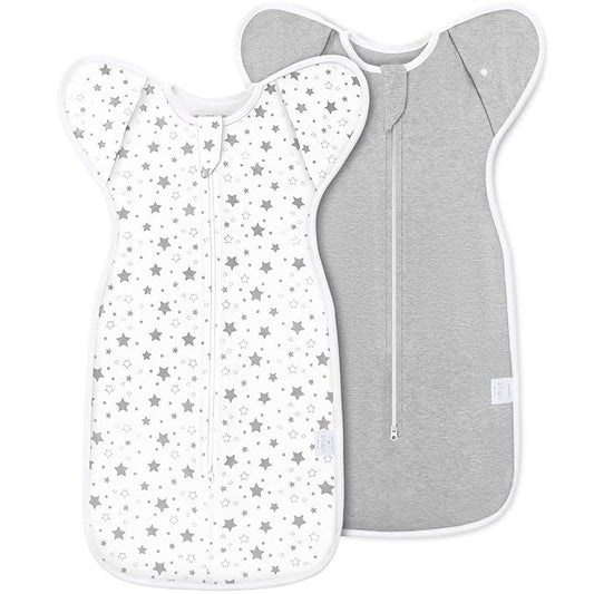 2-Pack Baby Swaddle Sleep Sack 0-3 Months - Arms Up Transitional Swaddle for Newborns, Baby Sleep Sack with Cuff Removable & 2-Way Zipper, Gray Stars Design