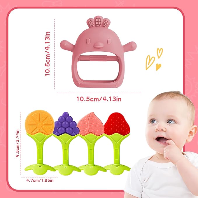 Baby Teething Toys (5 Pack) - Tinabless Infant Teething Keys&Silicone Teething Mitten Set for Babies Over 3 Months, Anti Dropping Baby Chew Toys for Sucking Needs, BPA Free(Coral Red)