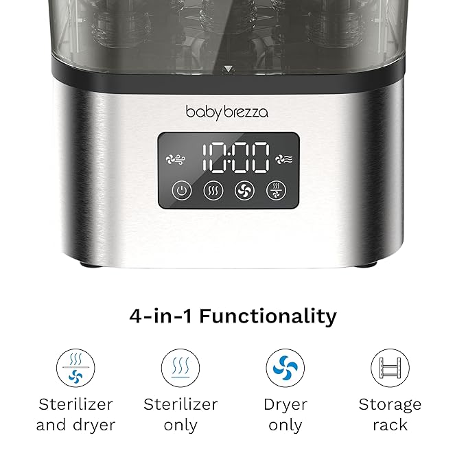 Baby Brezza 10 Minute SuperQuick Bottle Sterilizer + Dryer - Large 8 Bottle Capacity - Steam Sanitization – Universal Fit for All Bottles: Plastic + Glass + Pacifiers + Breast Pump Parts, Stainless
