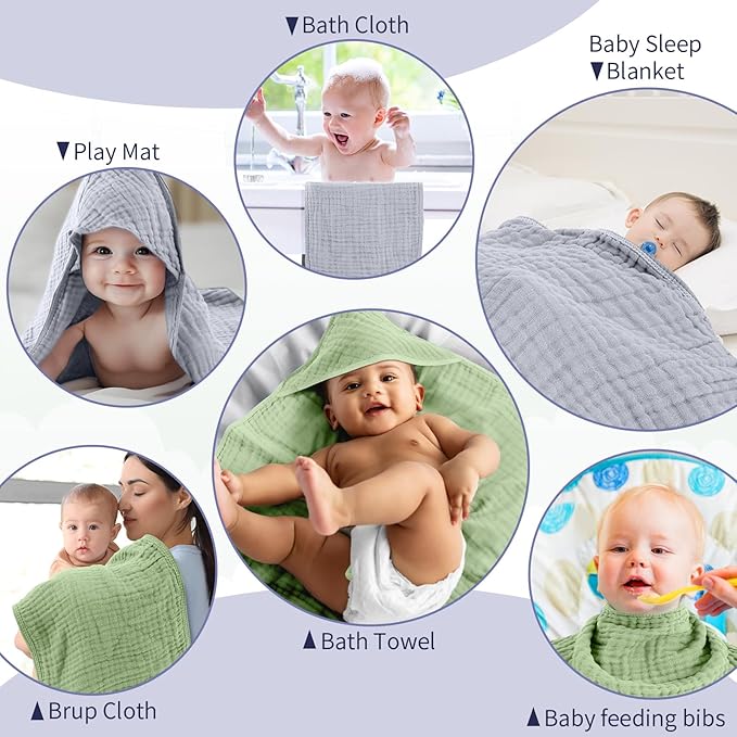 VitalCozy 6 Pcs Baby Muslin Hooded Bath Towels and Washcloths Muslin Cotton Hooded Baby Towels Absorbent Blankets for Gift Newborn Infant Shower (32 x 32 Inch,Light Blue,Light Green)