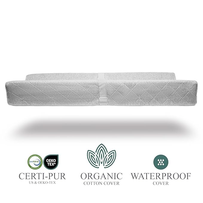 Organic Cotton Contoured Baby Changing Pad w/Waterproof Foam Mattress, Includes Soft, Removable & Washable Cover, Safety Strap, Non-Slip Bottom, Topper for Standard Size Infant Diaper Table & Dresser