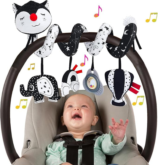 Car Seat Toys for Infants 0-6 Months, High Contrast Baby Toys Black and White Hanging Crib & Stroller Toy 3-6 Newborn Developmental Toy 0-3-6-12 Months with Music Rattles