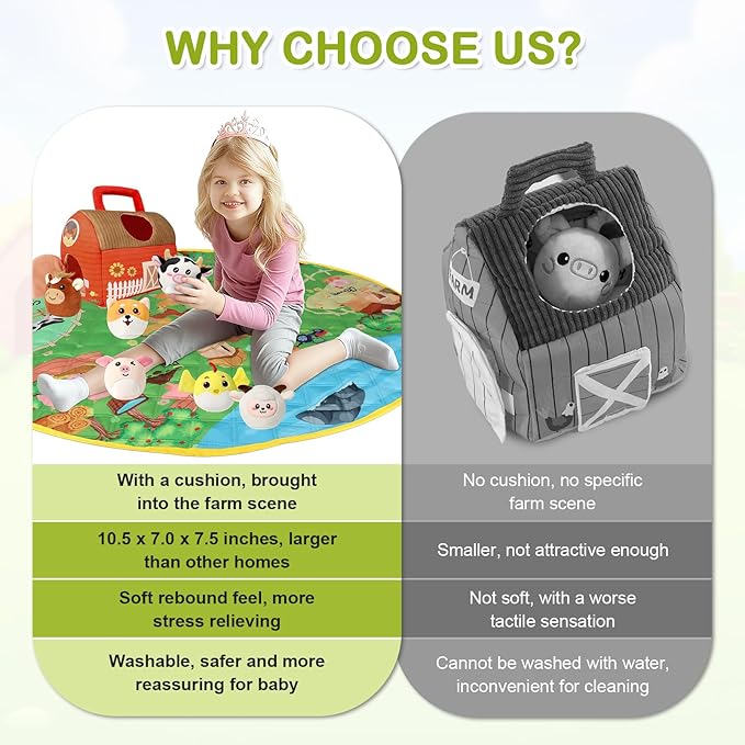 Farm Animal Toys for 1 2 3 4 5 Year Old Toddlers – Plush Farm House Playset with Barn, 6 Soft Farm Animals & Large Play Mat – Farm Toys for Toddlers 1–3