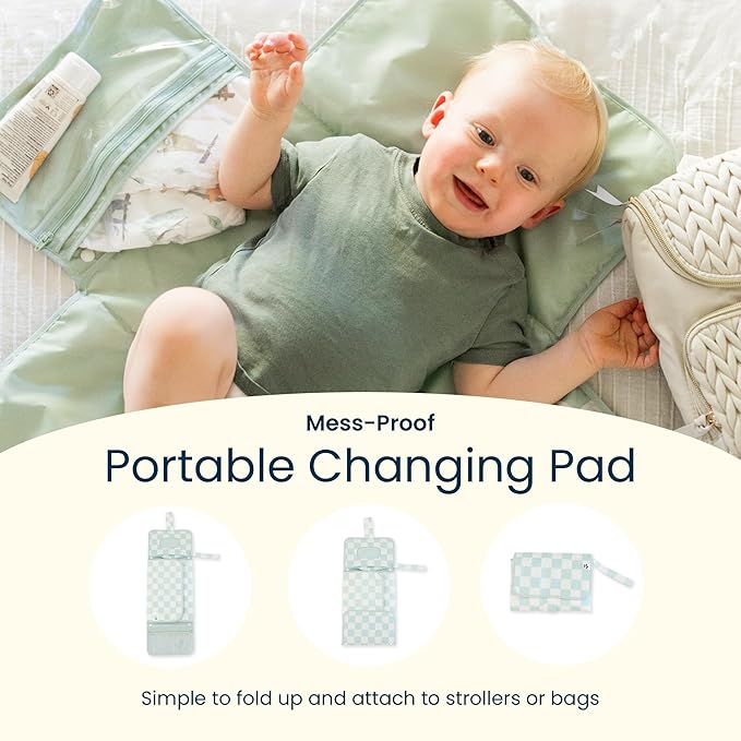 Tiny Twinkle Portable Diaper Changing Pad | Waterproof, Wipeable & Compact Baby Changing Pad for Travel | Smart Wipes Pocket & Organized Storage| Newborn Shower Gift (Grid)