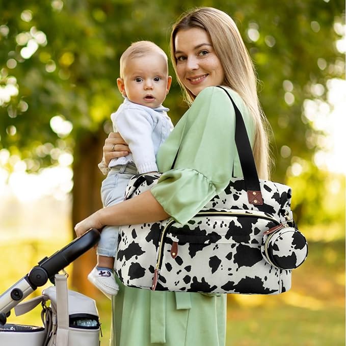 Diaper Bag Tote with Pacifier Case, Baby Bag for Women with Shoulder Straps, Travel Diaper Tote for for Mom and Dad Cow Print