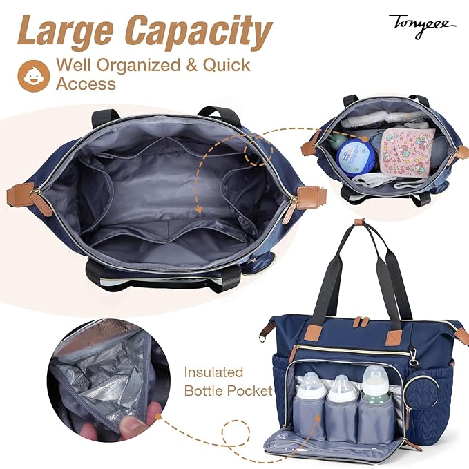 Diaper Bag Tote, Large Baby Diaper Bags Waterproof, Hospital Bag for Labor Delivery with Pacifier Case, Changing Pad, Shoulder Strap, Dark Blue