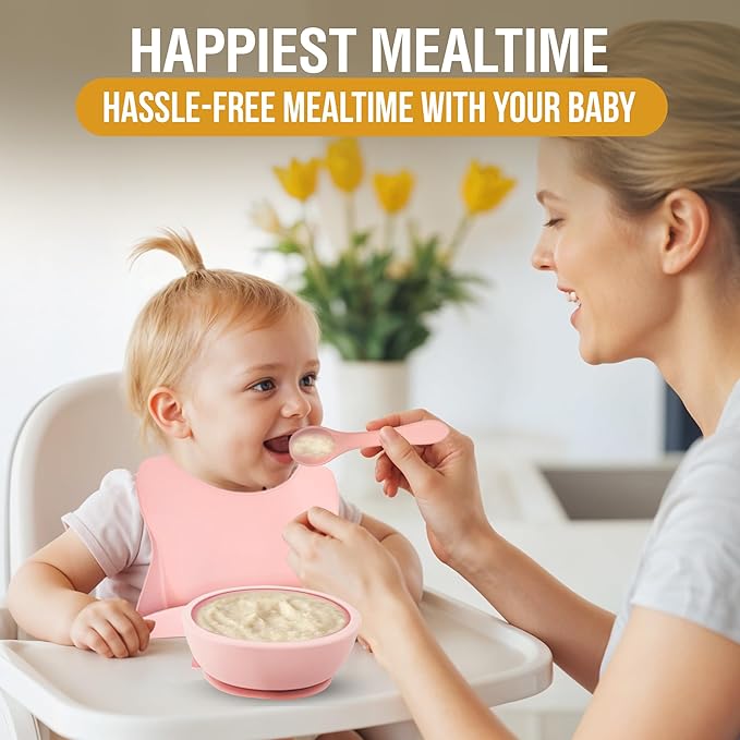 HippoBaby 6 Piece Baby Bowls With Suction and Lids | Toddler Bowl Set with 1 Bowl, 1 Bib, 2 Baby Spoons, 1 Large Spoon, 1 Large Fork, Baby Feeding Essentials (1, Mint)