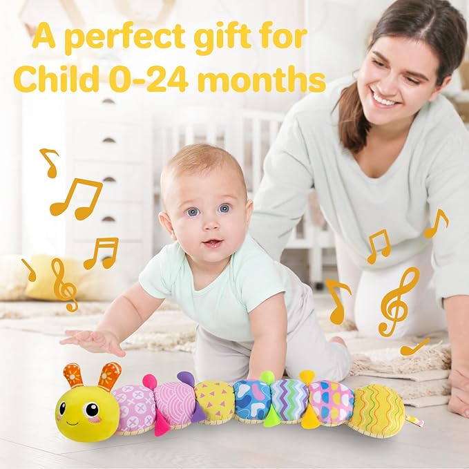 KMUYSL Baby Toys 0-12 Months, Musical Animal Stuffed Toy with Crinkle, Rattles & Lullaby, Plush Toy for Infant Newborn, Yellow Fabric Cotton