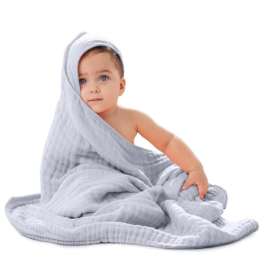 Comfy Cubs Hooded Baby Towel 1-Pack, Large 32 x 32 Inch - 6 Layer 100% Muslin Cotton for Babies, Toddlers and Kids - Soft & Absorbent Baby Bath Towels - Unisex Design for Bath Time - Slate