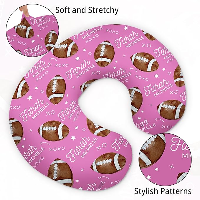 Rucekia Baby Nursing Pillow Cover - Personalized Name Pink Football Breastfeeding U-Shaped for Bottle Feeding, Ultra Soft Comfortable Breastfeeding Pillow Cover for Infant Baby Boys and Girls