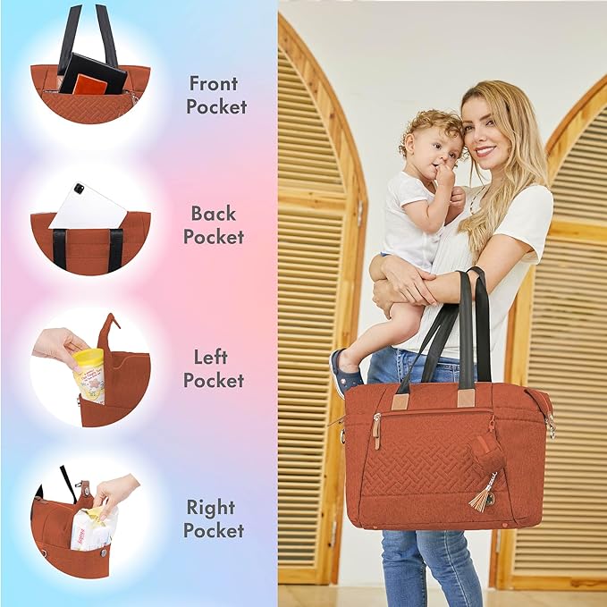 Dikaslon Diaper Bag, Large Travel Diaper Tote for Mom and Dad, Multifunction Baby Tote Bag for Boys and Girls with Pacifier Case and Changing Pad, Caramel