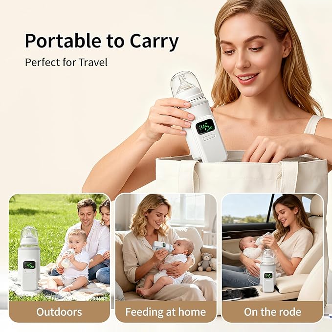 Portable Baby Bottle Warmer for Travel,Breastfeeding Essentials,Baby Bottle-Feeding Supplies Bottle Warmer On The Go,Breast Milk Warmer for Baby,Rechargeable 5000 mAh Battery,Digital Display