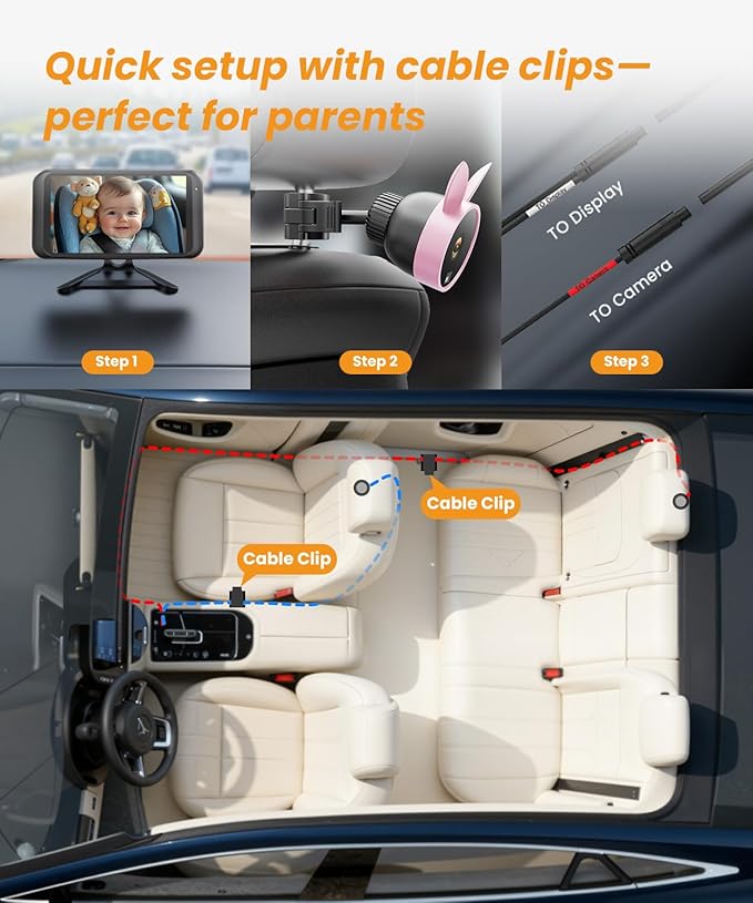 Babyvue BV2 USB Baby Car Camera: 4.5" 1080P Car Seat Camera with IR Night Vision & Shockproof Clip, Real-Time Infant Monitoring, Baby Must Have Gift for New Moms & Newborn Essentials