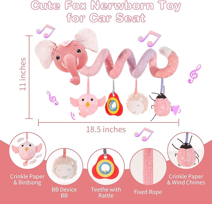 FATI Car Seat ToysBaby Toys 0-6 Months, Spiral Plush Baby Toy for Baby Crib Carseat, Sensory Toys with Squeaker Teether Rattles for 0 3 6 9 12 Months Babies Ideal Gifts