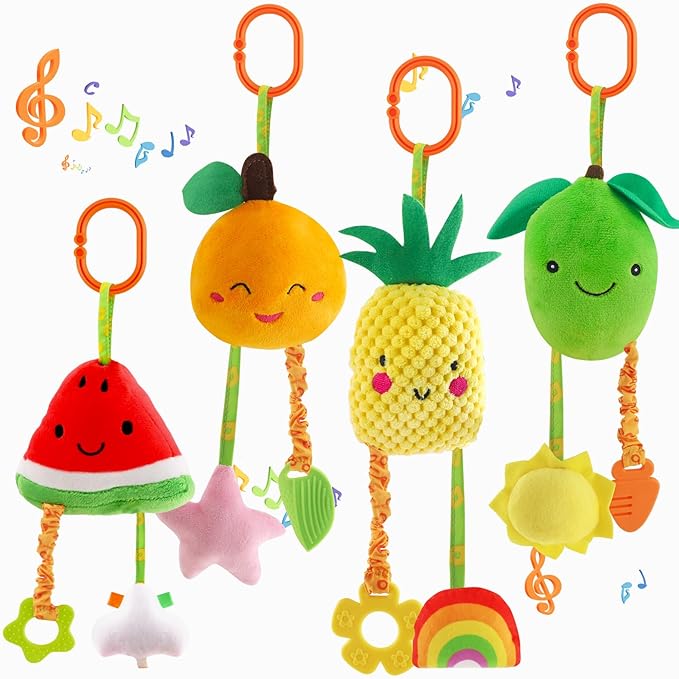 KAKIBLIN Baby Hanging Rattle Toys, 4 Pack Car Seat Stroller Toys Soft Squeaky Toy for Baby Newborn Infant Car Crib Travel Activity with Teether for Boys Girls, Toys for 0 3 6 9 12 Months, Fruits-A