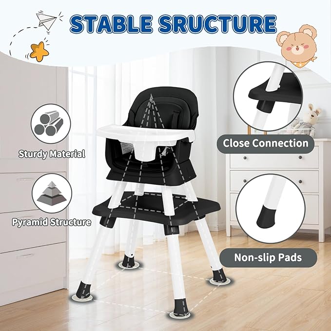 Kinder King 8 in 1 Baby High Chair, Coverts to Dining Booster Seat/Kids Table & Chair Set/Toddler Building Block Table/Kids Stool, Removable Tray & Double Seat Cover, Easy to Wipe, Black & White