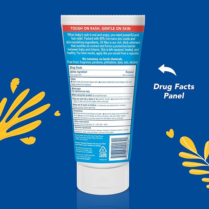 Triple Paste 3X Max Diaper Rash Ointment for Baby, Maximum Strength with 40% Zinc Oxide Ointment for Serious Diaper Rash, 6 oz Tube