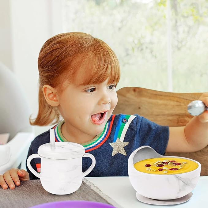 Dormlony 9pc BPA Free Silicone Baby Feeding Set - White: Suction Bowl, Divided Plate, Sippy Cup, Bib, Spoons, Forks - Baby Eating Utensils