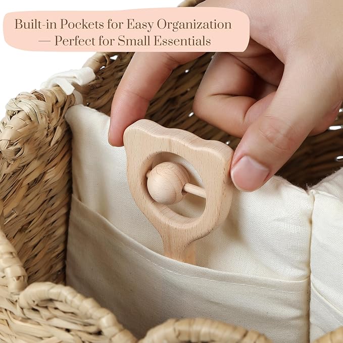 YANGQIHOME Diaper Caddy Organizer, Seagrass Nursery Baby Basket for Baby Essentials, Scalloped Wicker Diaper Caddy, Baby Shower Gifts (MeadowNest)