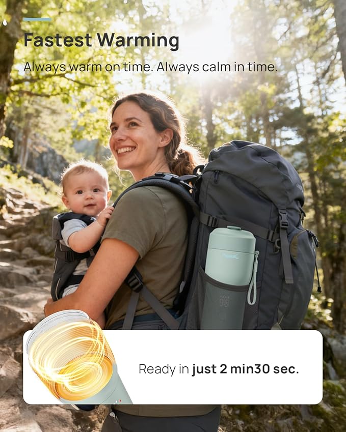 Papablic Pro Portable Bottle Warmer for Travel– Fast Heating, Steam Sterilizer, 30W Fast Charge, 5-Temp Control, Easy-Clean Wide Mouth, Baby Milk Warmer for Breastmilk & Formula, Almond Rose