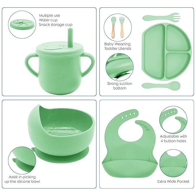 Dormlony 100% Silicone Baby Feeding Set,BPA Free Baby Dishes Set with Suction Bowl Divided Plate,Toddler Self Feeding Dish Set with Spoons Forks Sippy Cup and Bib, Baby Eating Utensils (Neon Green)