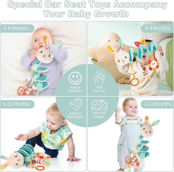 FATI Car Seat Toys for Babies 0-6 Months, Stroller & Crib Toys with Squeaker Rattles - Ideal Gifts