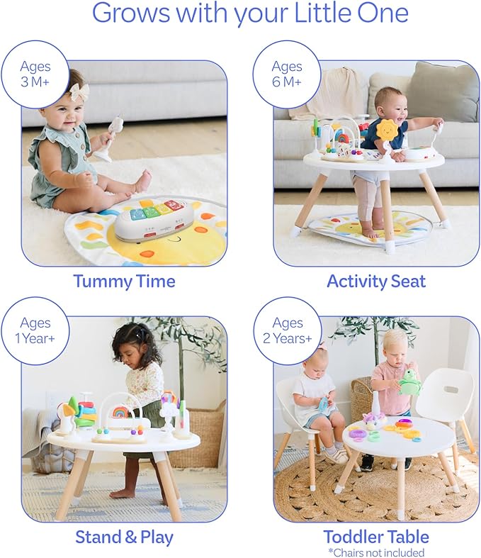 Move2Play 4-in-1 Baby Activity Center | Montessori-Inspired Design | 8 Interactive Toys | Tummy Time, Exersaucer & Toddler Table | Shower Gift | Essential | Must Have for 3, 6, 12 Month Old (Sun)