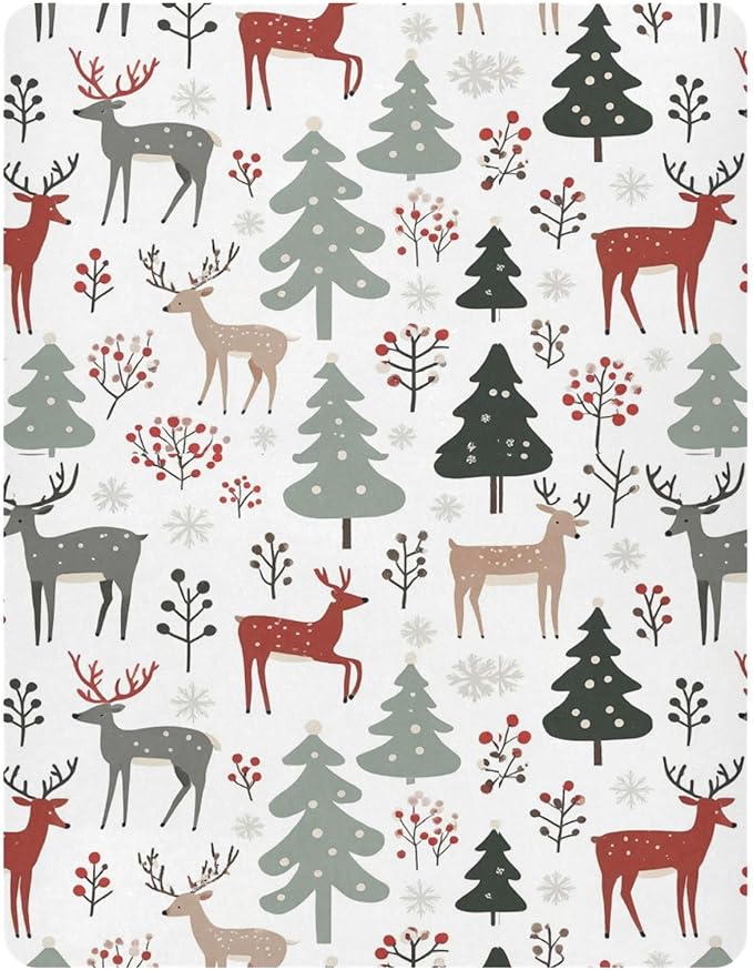 Pfrewn Christmas Crib Sheets for Boys Girls Trees Spruces Reindeer Fitted Crib Sheet for Mini Crib Mattress Stretch Soft Winter Pattern Toddler Baby Playard Sheet,39x27IN