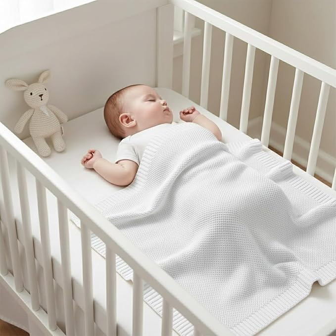 Grewear Baby Knit Blanket Soft Cotton Lightweight Newborn Blanket for Crib Stroller Toddler Nursery Shower Gift Cozy Breathable Travel Swaddle Wrap White 30 x 30 Inches