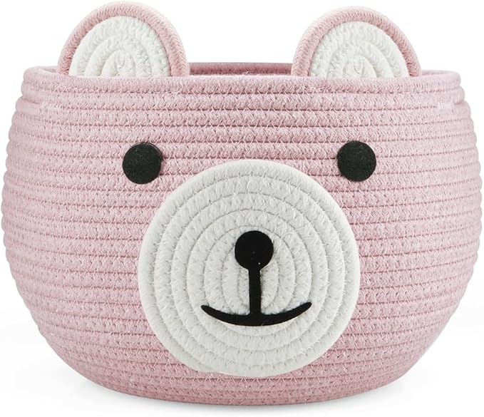 PandaEar Cotton Rope Baby Basket, Baby Gift Basket Nursery Laundry Organizer with Cute Bear Design for Storage Infant Newborn Essentials, Diaper Caddy with Handle (Pink)