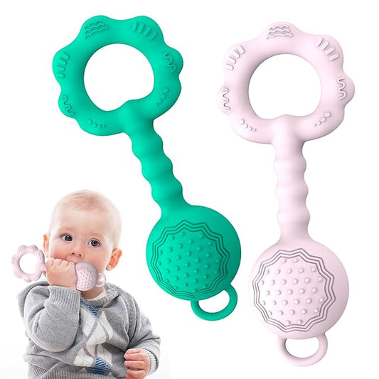 2 Pcs Baby Rattle Teether, 2-in-1 Rattle and Teether Toy for Soothing Sore Gums and Keeps Little Ones Entertained, Food Grade Silicone (Spearmint+Pink)
