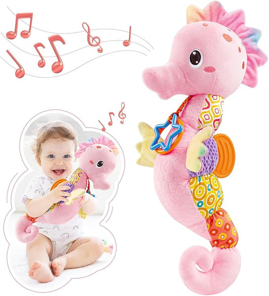 AWOTOY Baby Toys 0 to 12 Months, Musical Stuffed Animal Activity Soft Toys with Multi-Sensory Crinkle, Rattle and Textures,Infant Tummy Time Toys for Newborn Girls, Seahorse, Pink
