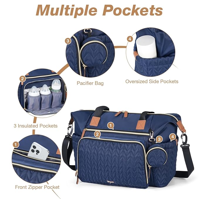 Diaper Bag Tote, Large Baby Diaper Bags Waterproof, Hospital Bag for Labor Delivery with Pacifier Case, Changing Pad, Shoulder Strap, Dark Blue