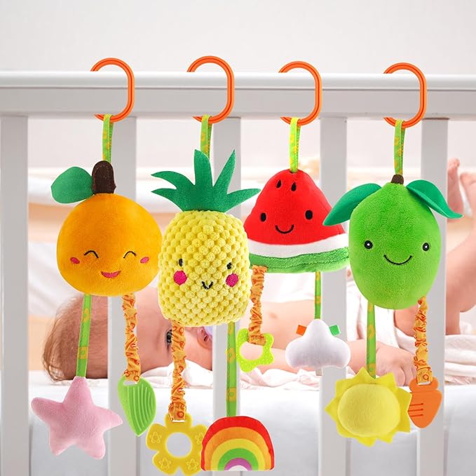KAKIBLIN Baby Hanging Rattle Toys, 4 Pack Car Seat Stroller Toys Soft Squeaky Toy for Baby Newborn Infant Car Crib Travel Activity with Teether for Boys Girls, Toys for 0 3 6 9 12 Months, Fruits-A