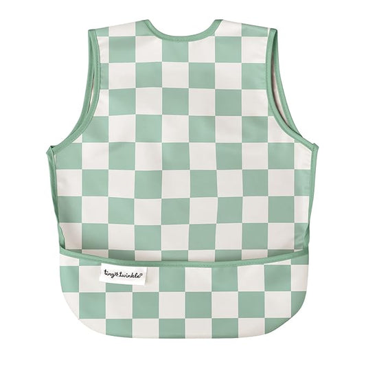 Tiny Twinkle Mess Proof Baby Bib for Boys | Waterproof Toddler Bib for Eating | Baby Apron for Feeding, Machine Washable | Perfect Shower Gift (Green Checkers, 2-4Y)